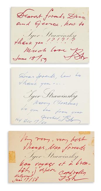 STRAVINSKY, IGOR. Three Autograph Notes Signed, IStr, to composer Richard Pindle Hammond and his partner George,